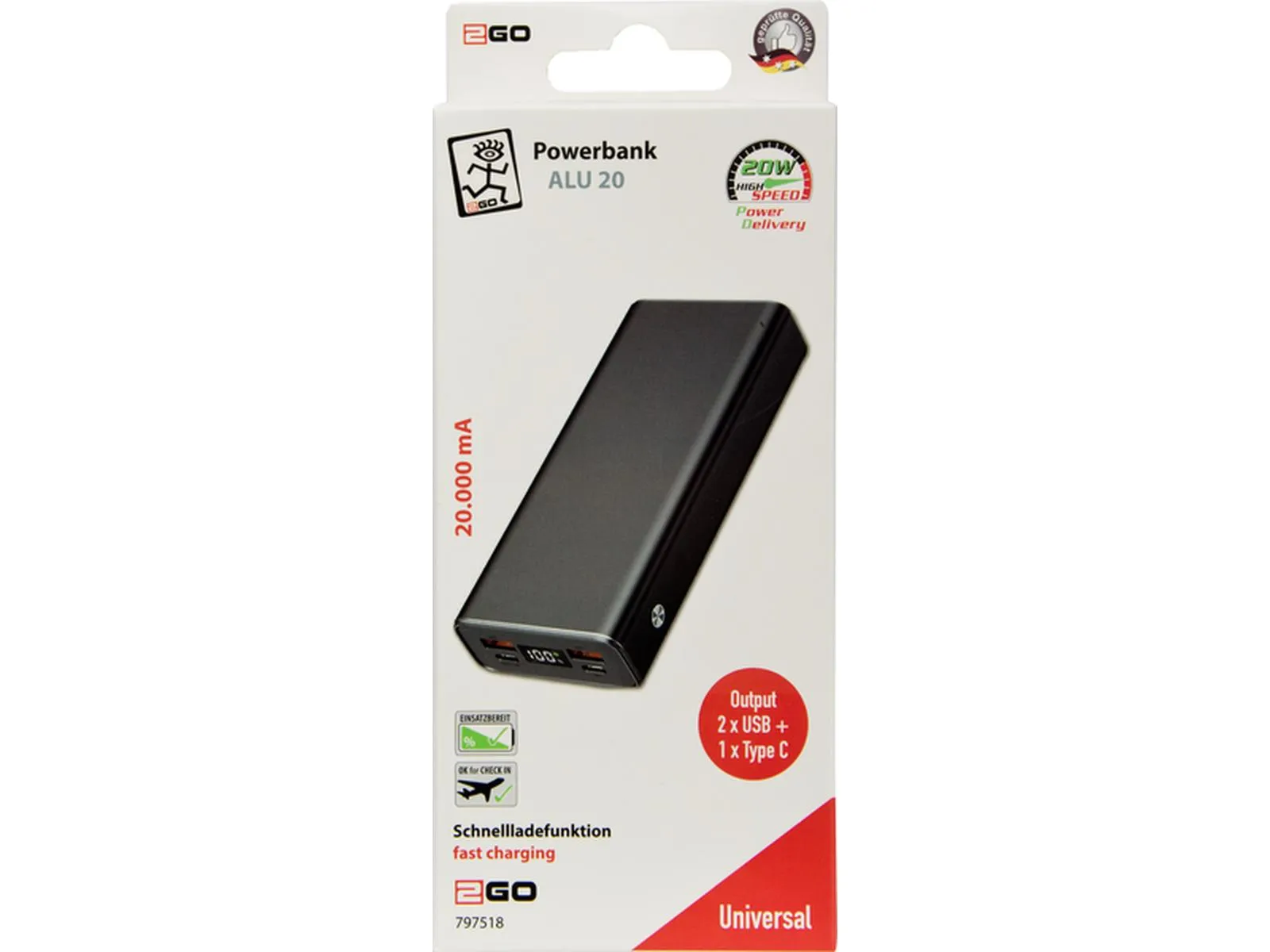 Powerbank Alu 20, mit Schnellladefunktion, schwarz
