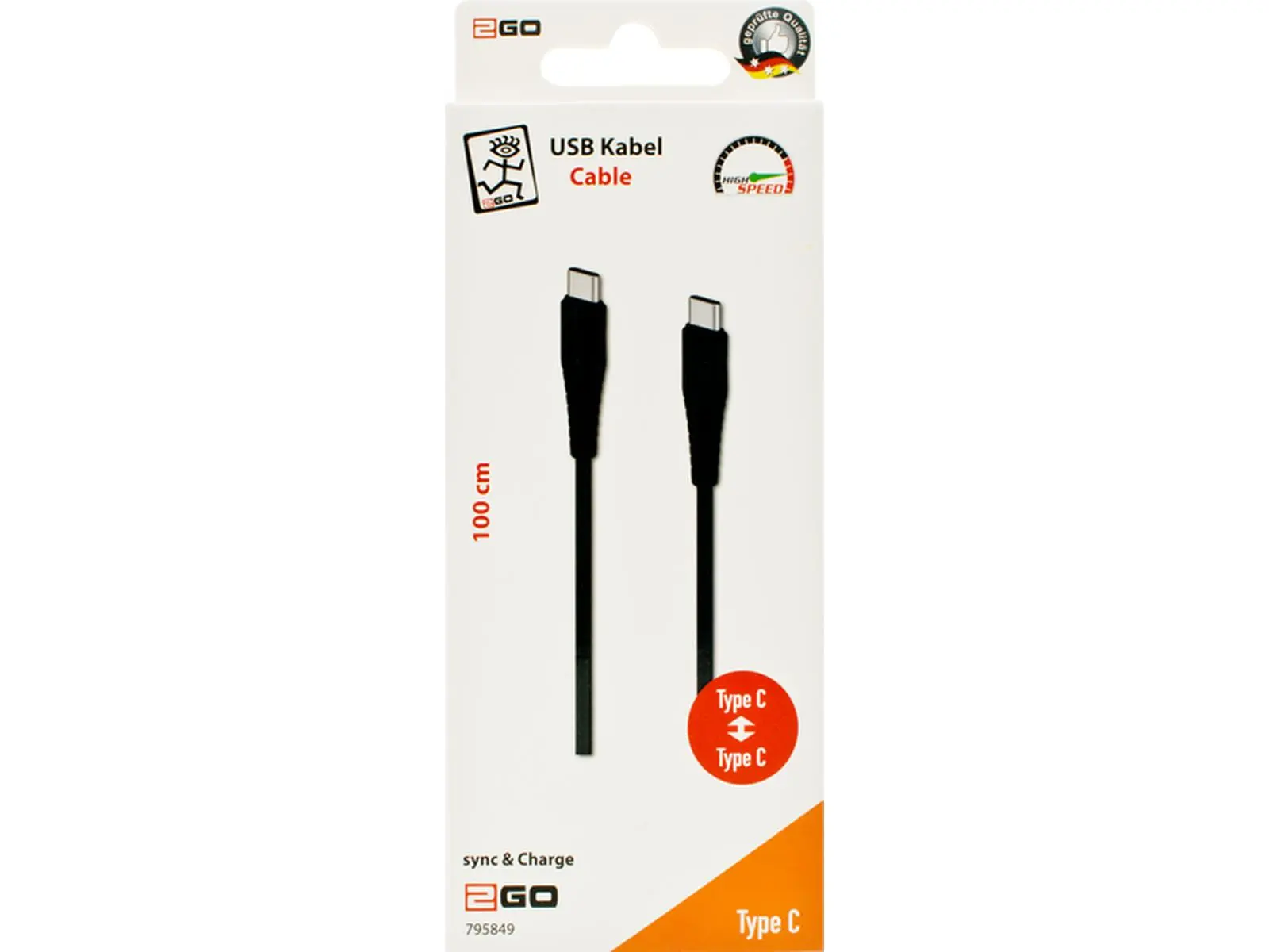 USB-C Ladekabel für USB-C, schwarz, 1m