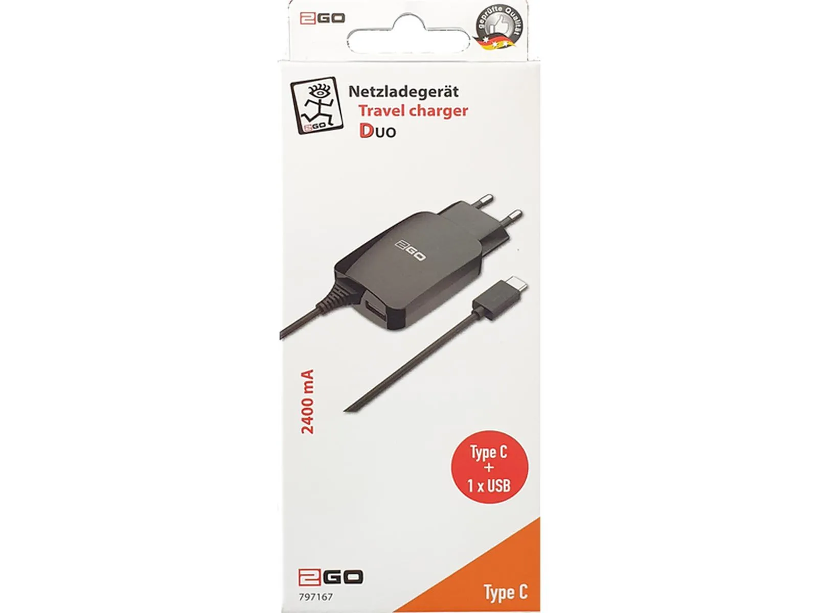 Netzladegerät USB-C, 110V-240V, schwarz, +1 x USB