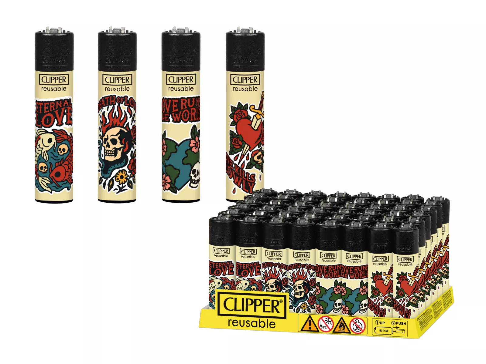 Feuerzeuge CLIPPER New School Skulls, 48er Disp.