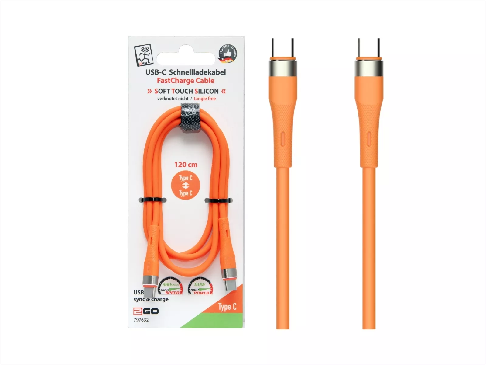 USB-C Silikonkabel, 60W, 480Mbps, 1,2m,Or.